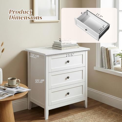 Karl home White Farmhouse Nightstand, Wide End Table with Charging Station - Image 4