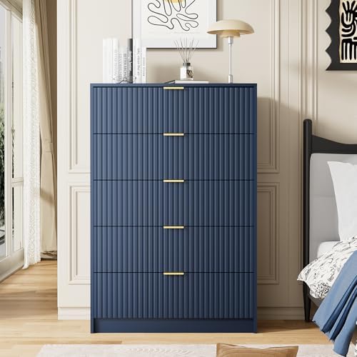 Furniway Blue Dresser for Bedroom, Modern Dresser with 5 Drawers and Smooth Slides, Wide Chest of Drawers with Golden Handles for Bedroom, Living Room, Closet, 15.7" D x 31.5" W x 47.2" H - Image 6