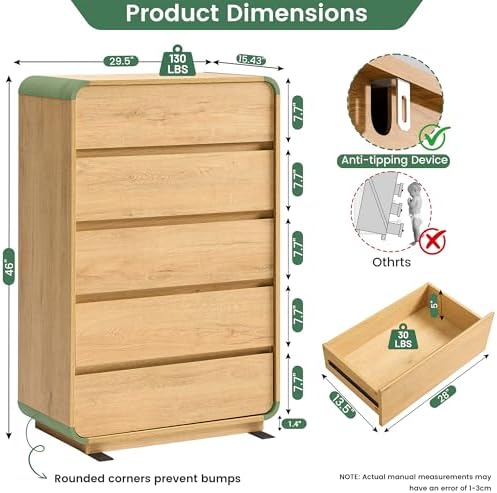 Standifurno Natural 5 Drawer Dresser, Modern Dresser with Storage, Chest Drawers with Wood Grain Texture, Drawers Organizer for Bedroom, Living Room, Hallway. - Image 2