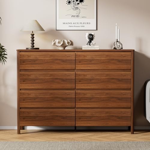 Furniway 55" Mid-Century Modern Dresser for Bedroom, 8 Drawer Wide Chest of Drawers with Wood Legs, Large Storage Bedroom Dresser, Walnut - Image 7