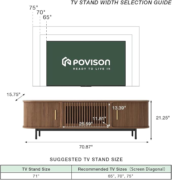 POVISON Fully-Assembled Sliding Tambour Door TV Stand, Mid Century Modern - Image 4