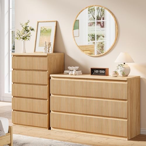 Fluted 5 Drawer Dresser for Bedroom, 43" Tall Dresser for Bedroom, Modern Fluted Chest of Drawers, Handle-Free/Floor-Mounted Wood Drawer Dresser for Living Room, Bedroom, Entryway, Hallway (Oak) - Image 5