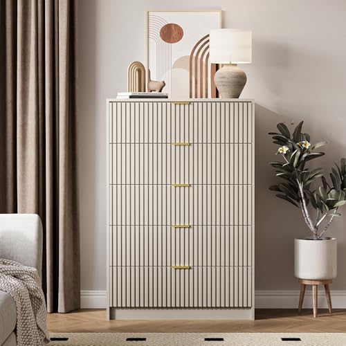 MAISONARIA 5 Drawer Dresser for Bedroom, Tall Dresser Chest of Drawers with Gold Handles, 32 Inch Wide Nightstand with for Bedroom, Living Rooms, Offices, and Entryways, Beige - Image 7