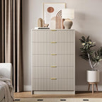 MAISONARIA 5 Drawer Dresser for Bedroom, Tall Dresser Chest of Drawers with Gold Handles, 32 Inch Wide Nightstand with for Bedroom, Living Rooms, Offices, and Entryways, Beige - Image 7