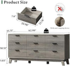 Xixini Fluted Dresser with 9 Drawers, 63" Wide Wood Chest of Drawers with Metal Handle, Wooden Dresser TV Stand, Modern Closet Clothes Storage Organizer for Bedroom, Living Room, Hallway, Light Grey - Image 2