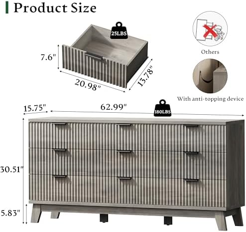 Xixini Fluted Dresser with 9 Drawers, 63" Wide Wood Chest of Drawers with Metal Handle, Wooden Dresser TV Stand, Modern Closet Clothes Storage Organizer for Bedroom, Living Room, Hallway, Light Grey - Image 2