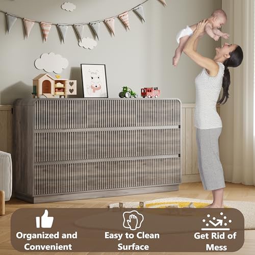 BORNOON Dresser for Bedroom with 9 Drawers, Fluted Chest of Drawers with Round Curved Corner, Hidden Handles, Modern Wood Storage Organizer for Bedroom, Nursery, Living Room - Image 5