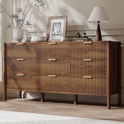 CHUWELL 63" Fluted Walnut 9 Drawer Dresser for Bedroom with Solid Wood Legs by CHUWELLStorageCabinet
