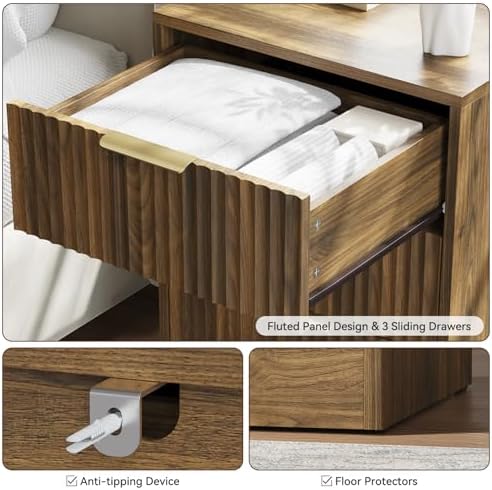 6 Drawer Dresser & 3-Drawer Nightstand Set 3-Piece, Walnut丨Long Dresser and Night Stand Set of 2 with Metal Handle, Fluted Modern Wood Chest of Drawers Storage Dressers Set for Bedroom - Image 5