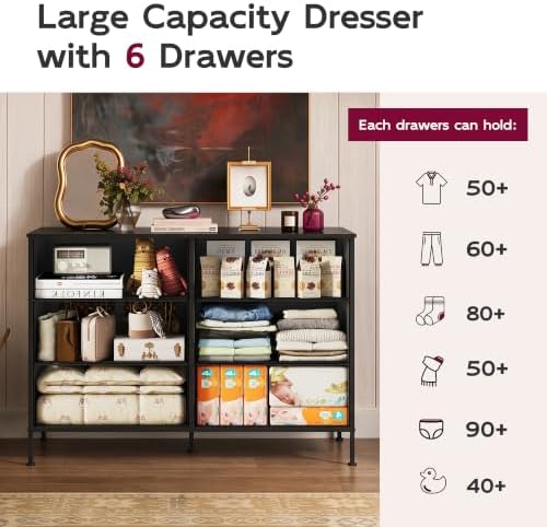 WLIVE Black Fabric Dresser for Bedroom, 6 Drawer Dressers, Chest of Drawers - Image 5