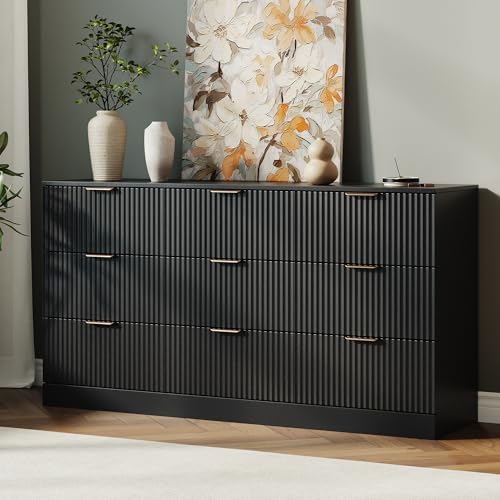 MALOL Fluted 9 Drawer Dresser for Bedroom, 59" Wide Wood Chest of Drawers with Metal Handle, Long Dresser Storage Organizer TV Stand for Closet, Living Room, Hallway, Black - Image 3