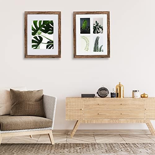 Hongkee 11x14 Picture Frame Set of 4, Made of Glass and Rustic Brown Wooden Frame, Display 8x10 Pictures with Mat or 11 x 14 Posters without Mat for Wall Mounting, Gallery Photo Frames - Image 4