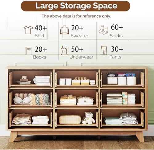 Bonnlo Fluted Dresser,57" Fluted Wide Modern Dresser with Metal Handle, Chest of Drawers, Curved Profile Design, Wood 9 Drawer Organizer for Bedroom, Natural Oak - Image 6