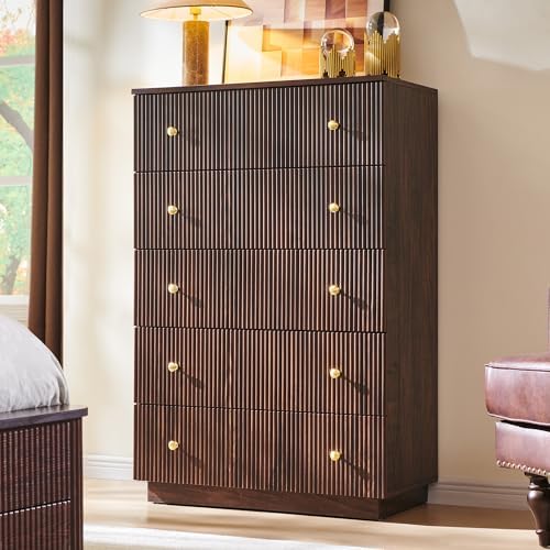 Fluted 5 Drawers Dresser for Bedroom, 45" Tall Modern Dressers & Chest of Drawers with Metal Handle, Wood Closet Clothes Storage Organizer,Storage Dressers Organizer for Hally/Living Room, Natural by AITJUNZ