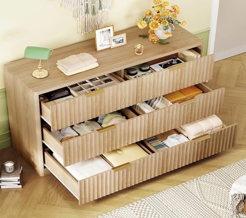 TEENFON Fluted 6 Drawer Dresser for Bedroom, Wide Modern Chest of Drawers with Metal Handle, Curved Profile Design, Wood Closet Clothes Storage Organizer for Bedroom, Hallway, Natural - Image 4