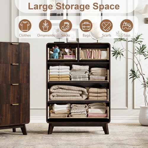 QUW Fluted 5 Drawers Dresser for Bedroom, Modern 40.2" Tall Drawer Dressers with Metal Handle, Wooden Chest of Dresser for Living Room, Hallway, Solid Wood Legs, Curved Profile Design, Dark Walnut - Image 7