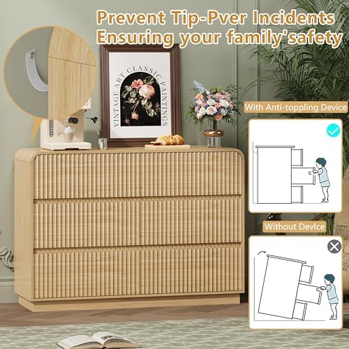 Wodeer Oak Dresser Fluted 6 Drawers Dresser for Bedroom, 47" Wide Wood Chest of Drawers with Hidden Handles & Rounded Corners, Modern TV Stand Storage Cabinet for Living Room, Hallway, Entryway - Image 6