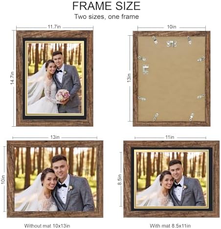 Hongkee 10x13 Picture Frame Set of 4, Made of Real Glass and Rustic Brown Frame, 10 by 13 Photo for Wall or Tabletop - Display Picture 8.5x11 with Mat or 10x13 Without Mat - Image 2