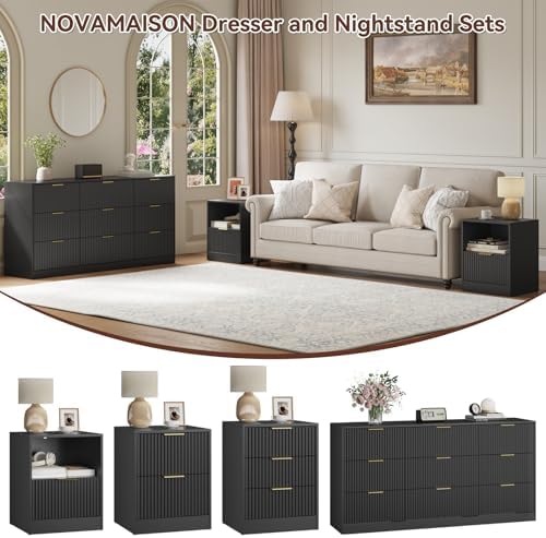 3-Piece 9 Drawer Dresser and 1-Drawer Nightstand Set, Black丨63 Wide Fluted Bedroom Dresser Set Night Stand Set of 2, Modern Wood Chest of Drawers Storage Dressers Set for Bedroom - Image 4