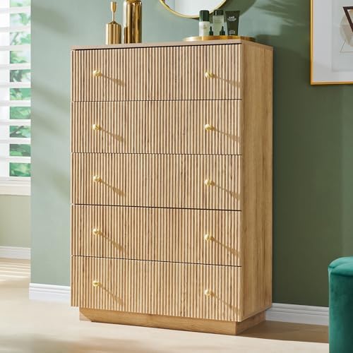 Fluted 5 Drawers Dresser for Bedroom, 45" Tall Modern Dressers & Chest of Drawers with Metal Handle, Wood Closet Clothes Storage Organizer,Storage Dressers Organizer for Hally/Living Room, Natural - Image 5