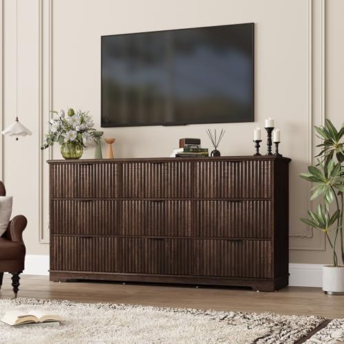 Fluted 9 Drawers Dresser for Bedroom, 63" Wood Dresser with Power Outlet and Deep Drawers, Wide Chest of Drawers, Modern Closet Dressers for Living Room, Upgraded Version with Wooden Drawers, Brown - Image 6