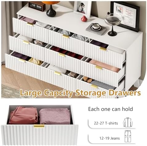 Wodeer 9 Drawer Fluted Dresser for Bedroom, Mid Century Modern Dresser with 9 Drawers, Dressers & Chests of Drawers with Metal Handle, TV Stand & Storage Organizer for Entryway, Hallway, White - Image 4