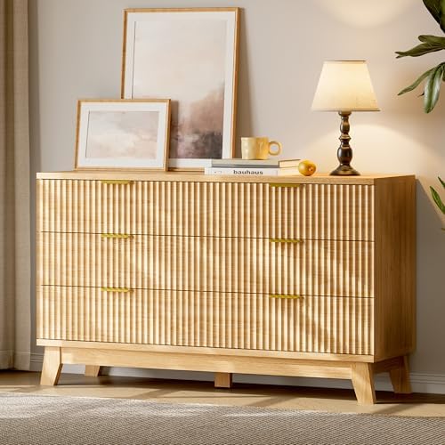 Xixini Fluted Dresser with 6 Drawers, 54" Wide Modern Chest of Drawers with Metal Handle, Wooden Dresser TV Stand, Wood Closet Clothes Storage Organizer for Bedroom, Living Room, Hallway, Natural Oak - Image 3
