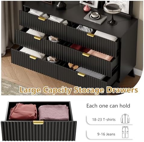 Wodeer 6 Drawer Fluted Dresser for Bedroom, Mid Century Modern Dresser with 6 Drawers, Dressers & Chests of Drawers with Metal Handle, TV Stand & Storage Organizer for Entryway, Hallway, Black - Image 4