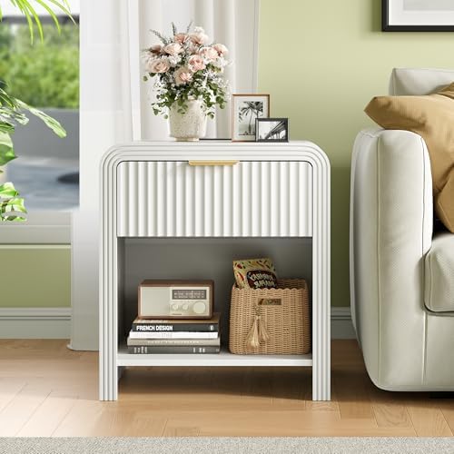 Decofy Fluted 1-Drawer Nightstand Set of 2 with Charging Station, White - Image 2