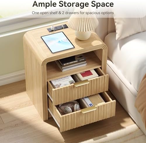 Decofy Fluted Nightstand with Charging Station, 2 Drawers, Oak - Image 4