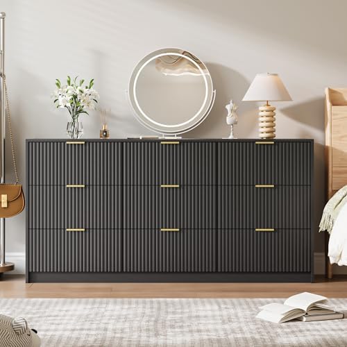 MAISONARIA Black 9 Drawer Dresser for Bedroom, 63" Wide Modern Fluted Dresser with Gold Metal Handles, Chest of Drawers for Bedroom, Living Room, Entryway, Hallway - Image 6