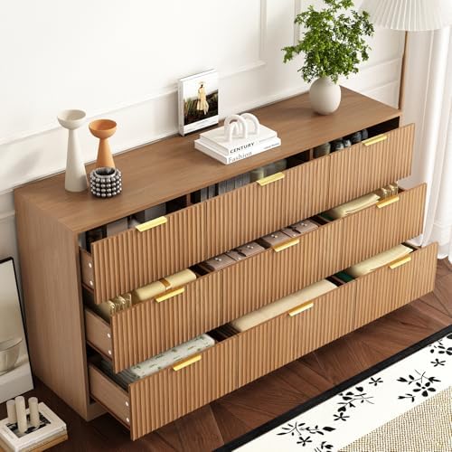 9 Drawer Fluted Dresser for Bedroom with Deep Drawers, Light Walnut丨63 Wide Wood Dresser, Large Chest of Drawers, Modern Long TV Stand, Storage Cabinet Side Table for Living Room, Hallway - Image 6