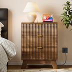BORNOON 30.5" Nightstand with Charging Station, 3-Drawer Fluted Bedroom Chest, Wood Bedside Dresser with Power Outlets and USB Ports, Stable Base, Modern Storage Cabinet for Small Spaces - Image 3