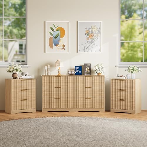 6 Drawer Dresser and Nightstand Sets for Bedroom, Modern Fluted 3 Pcs Bedroom Dresser Furniture Sets, Wood Chest of Drawers and Nightstand Set of 2 with Metal Handles, Natural Oak by METOTI