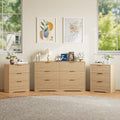 6 Drawer Dresser and Nightstand Sets for Bedroom, Modern Fluted 3 Pcs Bedroom Dresser Furniture Sets, Wood Chest of Drawers and Nightstand Set of 2 with Metal Handles, Natural Oak by METOTI