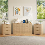 6 Drawer Dresser and Nightstand Sets for Bedroom, Modern Fluted 3 Pcs Bedroom Dresser Furniture Sets, Wood Chest of Drawers and Nightstand Set of 2 with Metal Handles, Natural Oak by METOTI
