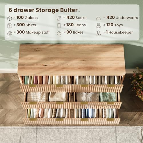 47" Wide Fluted 6 Drawers Dresser for Bedroom,Curved Edge,Oak - Image 5