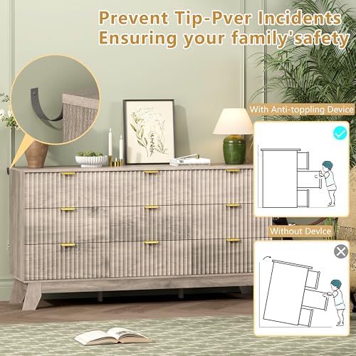 Wodeer 9 Drawer Fluted Dresser for Bedroom, Mid Century Modern Wooden Dresser with 9 Drawers, Dressers & Chests of Drawers with Metal Handle, TV Stand & Storage Organizer for Entryway, Hallway, Oak - Image 6