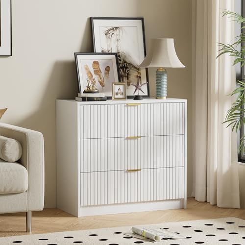 Furniway White Dresser for Bedroom, Modern Dresser with 3 Drawers and Smooth Slides, Wide Chest of Drawers with Golden Handles for Bedroom, Living Room, Closet, 15.7" D x 31.5" W x 29.6" H by Furniway