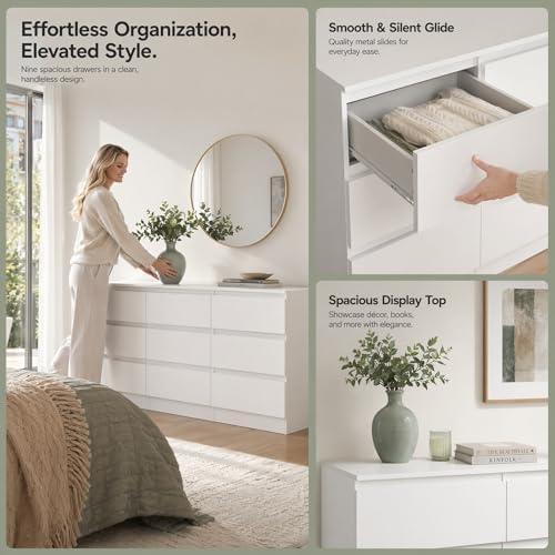 Spaco White 9 Drawer Dresser for Bedroom,Modern Long Dresser with Deep Drawer,Large Storage Chest of Drawer,Wood Bedroom Storage Organizer Furniture Drawers for Living Room - Image 5