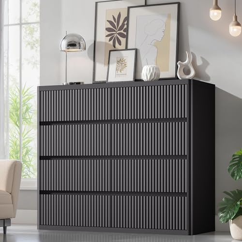 Standifurno Black 8 Drawers Dresser for Bedroom, 48" Wide Wooden Tall Chest of Drawers with Curved Modern Profile Design, Fluted Dresser TV Stand, Wood Closet Clothes Storage Drawer Organizer by StandifurnoFurniture