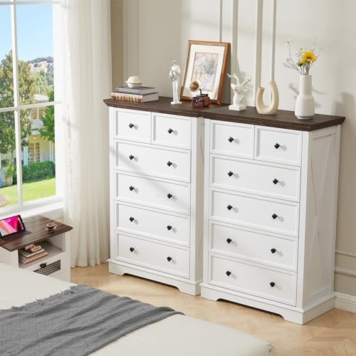 Farmhouse 6 Drawers Dresser Chests for Bedroom, White 6 Chest of Drawers - Image 5