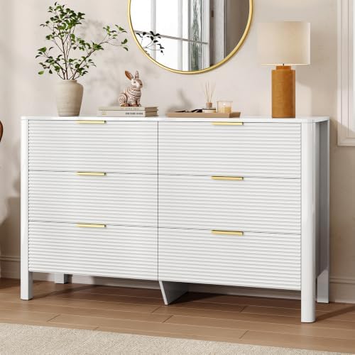 Fluted 6 Drawer Dresser, 47" High Gloss Dresser for Bedroom, White by UANRBOA