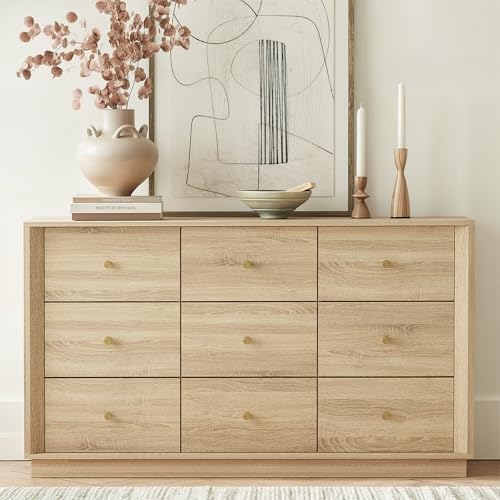 FORTUNETEC 55" Wide 9 Drawer Dresser for Bedroom, Oak by FORTUNETEC