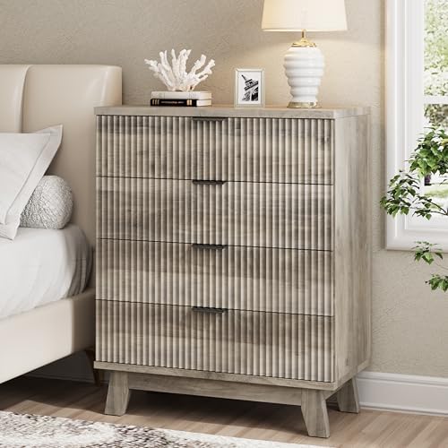 Xixini Fluted Nightstand with 4 Drawers, 31.5" Wide Side Table, Grey by Xixini