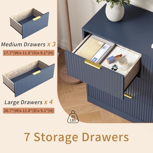 7 Drawer Fluted Dresser with Deep Drawers for Bedroom, Blue丨55 Wide Mid Century Dresser, Modern Chest of Drawers, Wood TV Stand Storage Organizer for Closet, Living Room, Hallway - Image 7