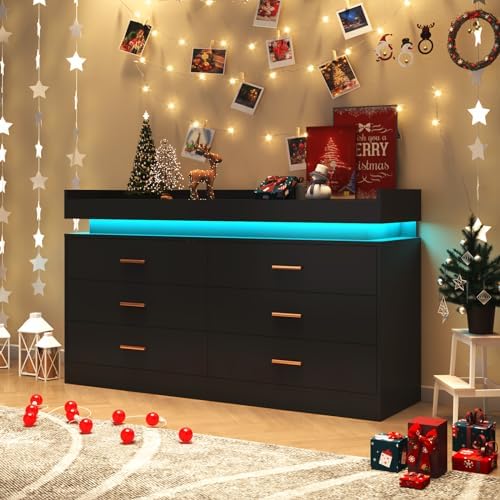 Hlivelood 6 Drawer Dresser with LED Light and Charging Station, Modern Chest of Drawers for Closet, Wide Drawer Organizer Cabinet for Bedroom, Living Room, Entryway, Hallway(Black) - Image 6