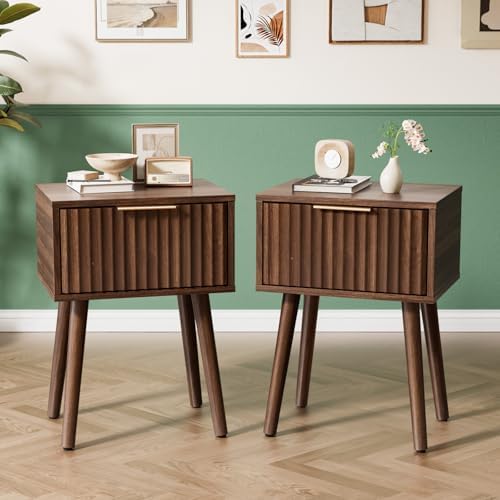 VINGLI Night Stand Set 2, Fluted Nightstands with Drawer, Mid Century Modern Nightstands Set of 2, Bedside Table, End Table, Wood Nightstand for Bedroom, Walnut, 15.75" W*11.81" D*21.85" H by VINGLI
