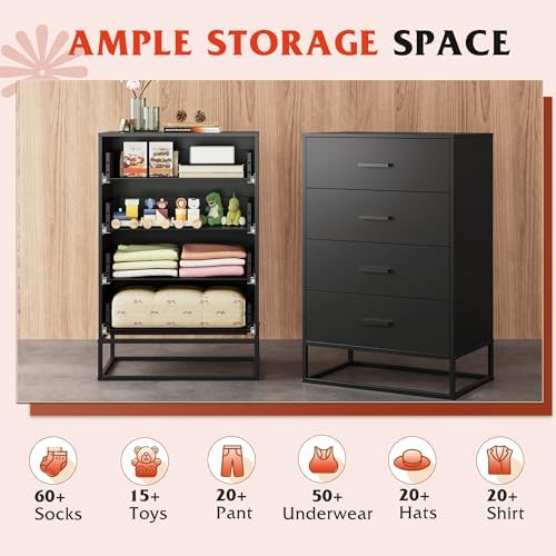 WLIVE Black Dresser for Bedroom with 4 Drawers, Tall Dresser with Sturdy Metal Frame, Wood Chest of Drawers for Closet, Living Room, Hallway - Image 4