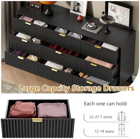Wodeer 9 Drawer Fluted Dresser for Bedroom, Mid Century Modern Dresser with 9 Drawers, Dressers & Chests of Drawers with Metal Handle, TV Stand & Storage Organizer for Entryway, Hallway, Black - Image 4